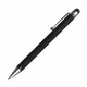 A sleek black stylus pen with a silver tip and clip, featuring a textured grip and a logo.