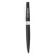 A metal pen in black with a silver clip and a logo on the body.