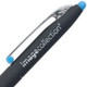 A black pen with a blue tip and a silver clip, featuring a logo on the barrel.