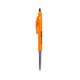 An orange plastic pen with a black tip and a clip, featuring a logo on its side.