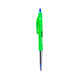 A green plastic pen with a blue ink tip and a clip, featuring a logo on the barrel.