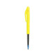 A yellow plastic pen with a transparent barrel and a blue ink tip. The pen features a logo but no other text.