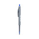 A plastic pen in grey with a blue writing tip and a logo on the barrel.