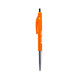 An orange plastic pen with a black tip and a clip, featuring a logo.