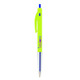 A bright green plastic pen with a click mechanism and a transparent barrel, featuring a branding logo.