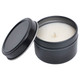 A black tin container with a vanilla scented candle inside, featuring a single wick and a removable lid.
