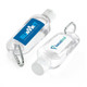 A clear 60mL hand sanitiser bottle with carabiner, featuring two different logos on the sides.
