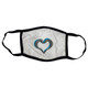 A cotton face mask featuring a black border and a heart design in shades of grey and blue.