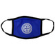 A cotton face mask in blue with a black trim and a circular logo design in the centre.