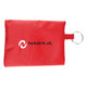 A red first aid travel kit featuring a keyring attachment, includes 22 essential medical items. Brand logo displayed.