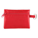 A red travel pouch with a zip closure and a keyring loop, designed for holding first aid supplies.
