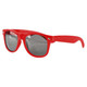 Red sunglasses with grey lenses and a branded logo on the arm. Suitable for leisure and outdoor activities.