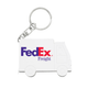 A white truck-shaped keychain with a logo, featuring two wheels and a keyring attachment.