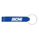 A drink bottle opener in blue with a keyring attachment and a logo on the side.