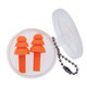 A clear container holds two pairs of orange silicone earplugs, attached to a keychain.