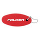 A red floating keychain with a silver ball chain and a logo on one side.