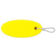 A bright yellow oval floating keychain with a silver ball chain attached.