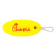 A yellow floating keychain with a logo attached by a silver ball chain.