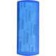 A blue bandage dispenser with a logo, featuring a transparent section that reveals bandages inside.