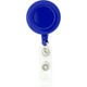 A round blue badge holder with a retractable clear strap and a metal clip at the end.