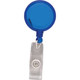 A blue round badge holder with a clear attachment clip and a retractable cord.