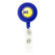 A round badge holder in blue with a white clip attachment, featuring a circular logo.