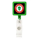 A green rectangle badge holder with a clear clip and a logo inside.