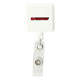 A rectangular white badge holder with a clear clasp and a logo in red on the front.