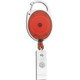 A red retractable badge holder with a silver clip and clear components, featuring a logo on the surface.