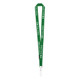 A green custom lanyard featuring a logo and text in white, with a metal clip at the end.