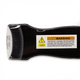 A black magnetic flashlight with two LED lights, featuring a warning label and a visible battery compartment.