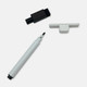 A magnetic whiteboard marker in white, with a black eraser and a white cap, set against a plain background.