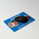 A black mouse positioned on a blue mouse mat featuring images of children and text related to wellbeing.