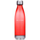 A drink bottle with a sleek red plastic body and a silver cap, featuring a logo on the side.