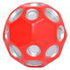 A red and silver high bounce ball with multiple holes, designed for fun and games. It has a logo on the surface.