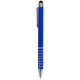 A blue stylus pen with a chrome accent and a branding logo on the body.