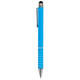 A blue stylus pen with a shiny silver trim and a black tip for touchscreen devices. The pen features a logo.