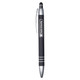 A metal pen in black with silver accents, featuring a logo on the side.