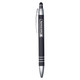 A metal pen in black with silver accents and a branded logo. Features a stylus tip on the end.