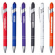 A selection of six metal pens in colours red, blue, purple, white, and orange, each with a clip and branding.