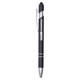 A black metal pen with silver accents and a stylus tip, featuring a logo on the barrel.