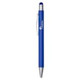 A blue metal pen featuring a sleek design and a clip, with a branding logo on the barrel.
