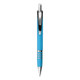 A blue metal pen with silver accents and a clip, featuring a sleek, modern design.