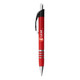 A red metal pen with a silver clip and accents, featuring a logo on the barrel.