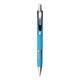 A blue metal pen with a shiny chrome clip and decorative bands. The pen features a sleek design.