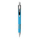 A metal pen in a vibrant blue colour with a shiny chrome clip and accents. It features a logo on the body.