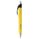 A yellow metal pen with a chrome clip and three silver rings on the barrel. Branding is present on the pen.
