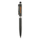 A black stylus pen featuring a silver clip and a logo. The pen has a smooth finish and a retractable tip.