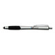 A silver stylus pen with a black grip and a logo on its body.