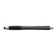 A stylus pen in a sleek black design with a textured grip and silver accents. It features a branding logo.
